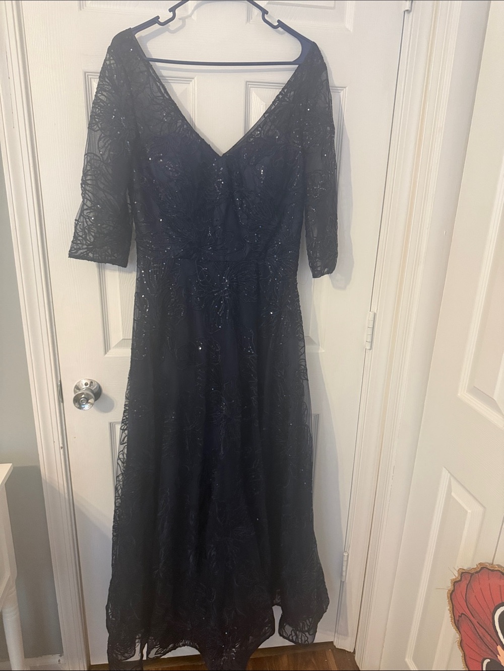 Alyce Paris Navy Lace Sequin V-Neck Evening Gown